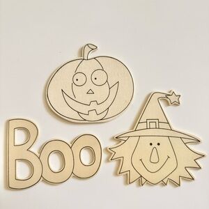 Joann Natural Wood Halloween Boo Pumpkin and Witch Cutouts